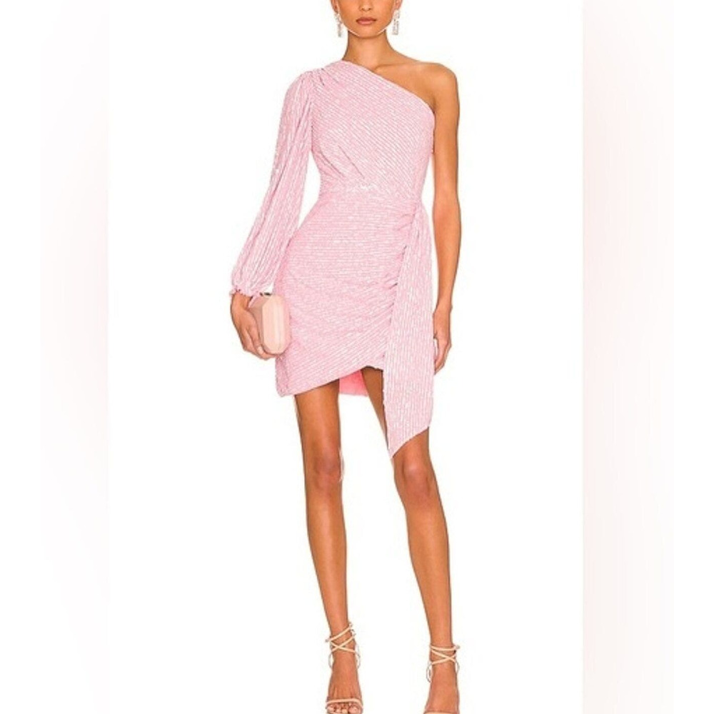 Saylor Nazila Blouson Sleeve pink Sequin Dress Small One Shoulder Chiffon Mini